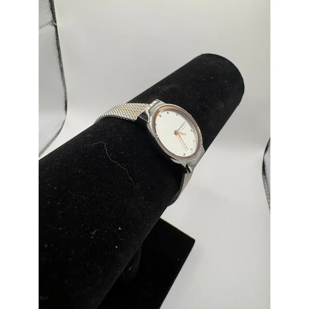 Skagen Denmark Women Watch Silver Mesh Bracelet Crystal Hour Markers Silver